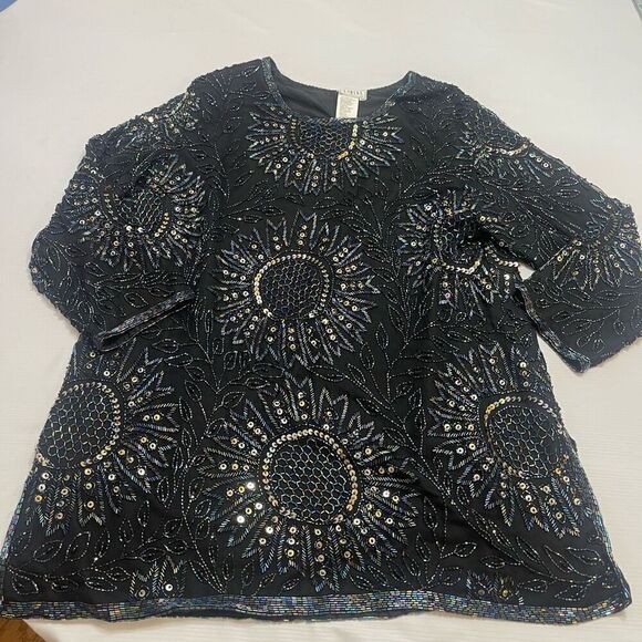 Carina VTG Black Pure Silk Beaded Top Plus Size 1X - Picture 1 of 10